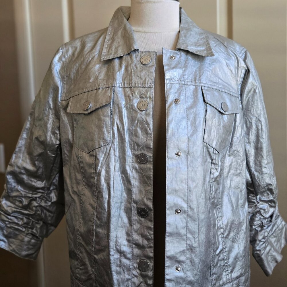 PETER NYGARD JEAN SILVER METALLIC JEAN JACKET SZ 16